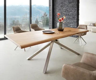 Produktbild von DELIFE Esstisch Edge 240x100 Akazie Natur Kreuzgestell Rechteck Edelstahl Live-Edge