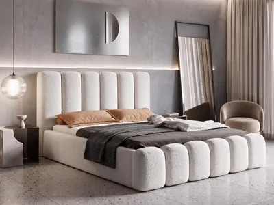 Produktbild von Polsterbett 180x200 mit Bettkasten VELARO, Stauraum und Metall-Lattenrost – Bouclé Stoff Weiß