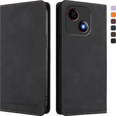 A black flip case for a smartphone, shown from the front and back, with a side view. The back shows the camera module and a small blue light effect. A strip of color swatches is visible on the right side.