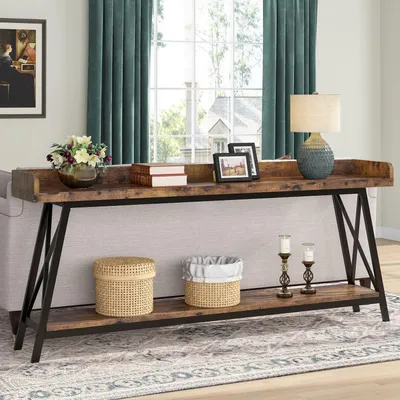 Image de Table console derrière le canapé, 180 cm de long, style rustique industriel, couleur marron