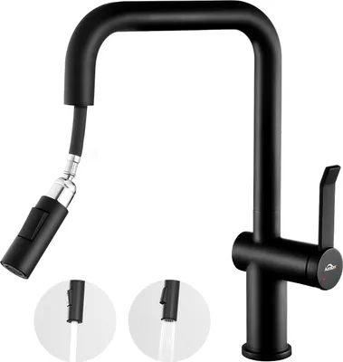 Produktbild von Auralum Küchenarmatur mit Ausziehbar Brause, Hochdruck Wasserhahn Küche 360° Drehbar, Küchenmischbatterie mit 2 Strahlarten, Küche Armatur mit Auslaufhöhe 203 mm, Schwarz