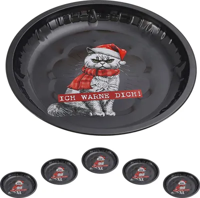 Produktbild von Gebäckteller XMAS CAT 'Ich warne Dich' 6er Set Ø26cm Metall Plätzchenteller Dekoteller Katze im Nikolauskostüm Weihnachten