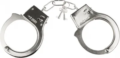 A pair of metal handcuffs with keys, displayed against a white background.