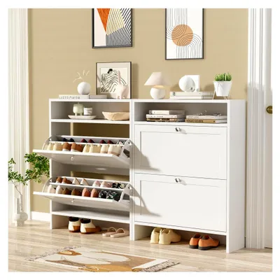 Produktbild von Schuhschrank mit 2 Klappen, Schuhregal Schuhkipper Schmal, mit 4 Fächern, Schuhschrank Weiss, Verstellbar, Anti-Kipp-Vorrichtung für Eingangsbereich, Flur, 80 x 24 x 108 cm