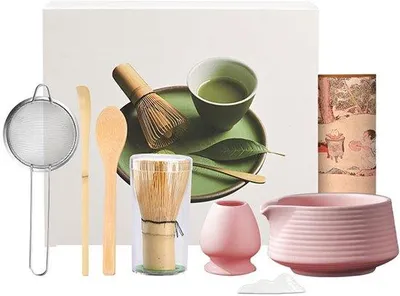 Image de Service à matcha en céramique, 8 pièces, comprenant des baguettes pour mélanger le matcha, un bol à matcha, une cuillère et une tasse