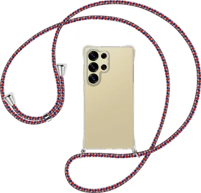 Produktbild von Handykette Backcover-Schutzhülle mit Band (Metall silberfarben) für Samsung S25 Ultra - silber/blau/rot