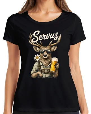 Productafbeelding van Servus Hirsch Lederhosen Bier Edelweiß, traditionele kleding: herenbroek, damesjurk (Dirndl), dames T-shirt, zwart, maat M