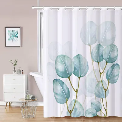 Produktbild von Duschvorhang mit Blattmotiv und 12 Haken, Polyester, 180 x 200 cm, wasserdicht, mit beschwertem Saum, geeignet als Badezimmer- oder Hotelvorhang, maschinenwaschbar und schnelltrocknend.