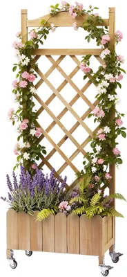 Productafbeelding van Rankenbak met wielen, houten verhoogde bak met klimrek, weerbestendige plantenbak met drainagegaten, mobiele bloembak voor tuin, balkon en terras, 49x28x116 cm - Lichtbruin