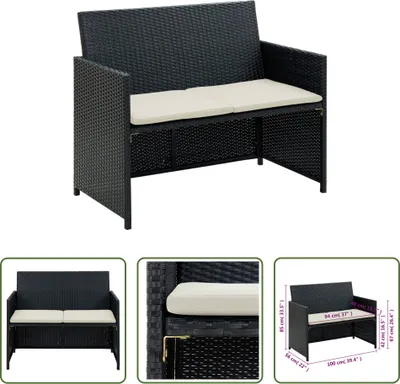 Zdjęcie produktu dla The Living Store 2-osobowa sofa ogrodowa z poduszkami z czarnego polirattanu