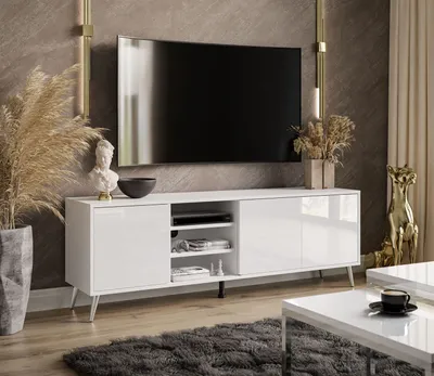 Produktbild von SANAYI RTV Schrank auf Beinen mit Ablagen weiß glänzend Weiß / Weiß hochglanz Verchromte Metallbeine
