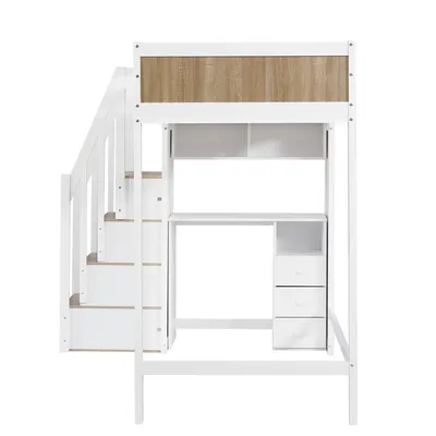Produktbild von Merax Etagenbett Hochbett 90x200 cm mit Schreibtisch, Treppe und Schrank, Multifunktionsbett Kinderbett mit Lattenrost, Stauraum & Regalen, Weiß