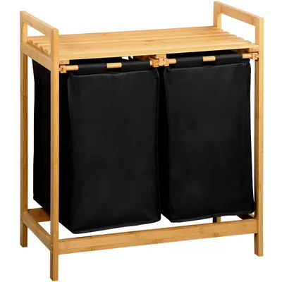 Produktbild von KESPER Wäschesammler Bambus – 2 ausziehbare Fächer – 64 x 33 x 73 cm – schwarz, mit Ablage – ideal für Bad & Schlafzimmer – Wäschekorb 1948713
