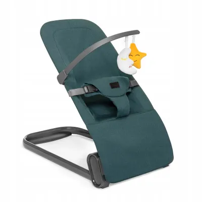 A baby bouncer chair with a toy mobile attached.