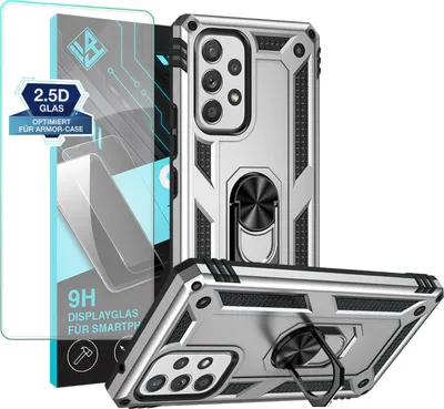 A silver and black rugged phone case with a ring holder, shown alongside a screen protector.