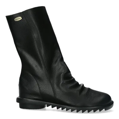 A black leather boot is shown against a white background.