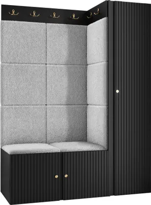 Produktbild von MIRJAN24 Garderoben-Set Orion Ryfel Slim IX, Kleiderschrank, Schuhschrank, 2x Kleiderhakenbrett, 11x Paneel 42x42, 4 Kleiderhaken für Kleidung, Metallgriffe (Farbe: Schwarz, Abriamo 06)