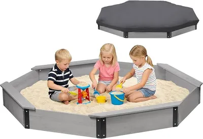 Imagen del producto de Silecomplaza: Caja de arena de madera octogonal con cubierta, 214 x 200 x 22 cm. Gran caja de arena para niños, ideal para exteriores, terrazas y patios. Montaje sencillo y rápido
