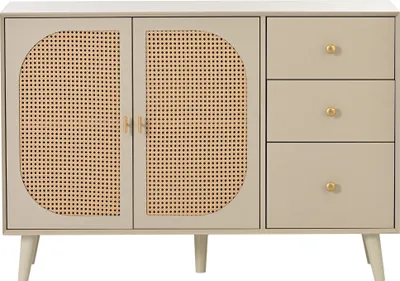 Produktbild von Merax Sideboard mit Rattangeflecht, 3 Schubladen und 2 Türen, Kommode mit Holzfüßen und Metall Bügelgriff, Lowboard TV-Board Breite 120 cm, Eiche