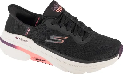 A side view of a black Skechers running shoe with pink and purple accents.