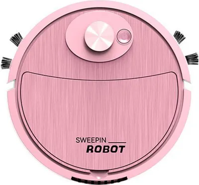 A top-down view of a pink robot vacuum cleaner on a white background.