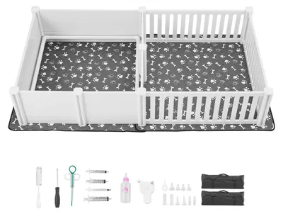 Produktbild von SucceBuy Wurfkiste für Hunde, 235x123x46 cm, Welpenlaufstall aus robustem Kunststoff-PVC mit verstellbarer Tür und waschbarer Unterlage, 2-Raum-Design, geeignet für große Hunde, Milchweiß