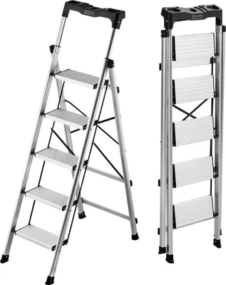 Zdjęcie produktu dla Drabina SucceBuy z 5 stopniami, składana drabina aluminiowa z antypoślizgowymi stopniami i ergonomicznym uchwytem, nośność do 150 kg, wszechstronne zastosowanie w kuchni, magazynie, gospodarstwie domowym i biurze, kolor srebrny