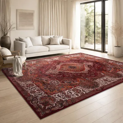 A living room with a sofa and a large oriental rug.
