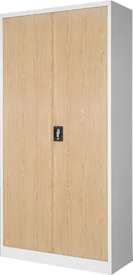 A closed, light wood-grain metal cabinet with a white frame.