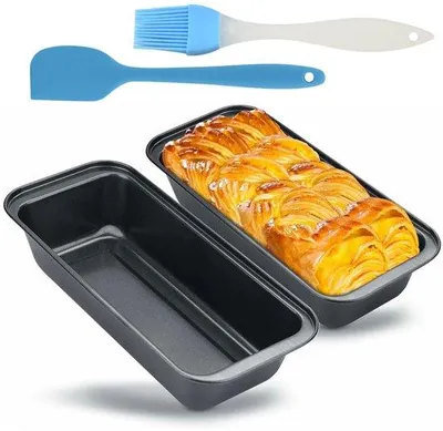 Imagen del producto de Uniqoos® - Juego de 2 moldes rectangulares para bizcochos, de 18 x 10 x 5 cm, de acero inoxidable, con revestimiento antiadherente, apilables. Incluye cepillo de silicona y espátula. Aptos para horno y freidora de aire
