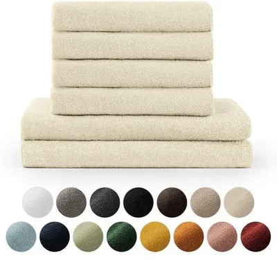 Produktbild von Unyqoos® Handtuchset – ultrazart & saugfähig, 4‑teilig, 100% Baumwolle, 2×70×140 cm + 4×50×100 cm, Beige