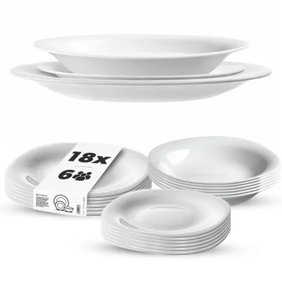 Produktbild von KADAX Geschirrset für 6 Personen, 18-tlg, Tafelservice mit Suppenteller, Dessertteller und Speiseteller, Essgeschirr, Geschirr Set, Tellerset (Weiß XL)