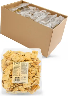A cardboard box filled with individually wrapped crackers, and a clear plastic bag of rosemary crackers in the foreground.