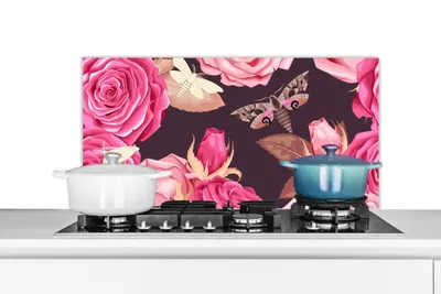 Obrázok produktu pre MuchoWow® Splashback Kuchyňa - Kuchynský backsplash - Ochrana steny pre sporák a drez Ruže - Motýle - Ružová 80x40cm Alu-Dibond (alternatíva k