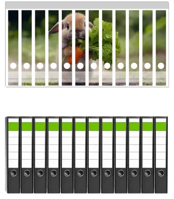 Produktbild von Wallario 12 Stück schmale Ordner inkl. Klebeetiketten mit Motive Knabbernder Kleinhase - Set mit Rückenschildern / Ordnerrücken Stickern