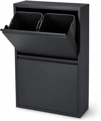 Image de Poubelle - 4 compartiments - 4 x 18 litres - Couvercle à charnière - Noire