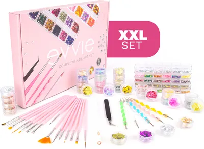 Produktbild von Evvie© Nail Art Kit XXL, Art Pinsel mit Dotting Tools, Pinzette, Strasssteine, Rhinestones, Nagelfolie, Diamanten, Strass Applikator - 100 teilig