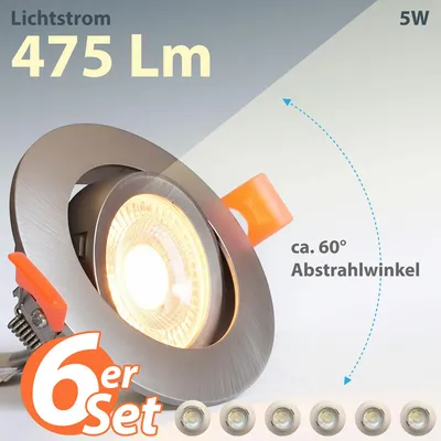 Produktbild von Maxkomfort 6er Set LED Einbaustrahler 5W 3CCT (Warmweiß, Neutralweiß, Kaltweiß umschaltbar) eisen gebürstet