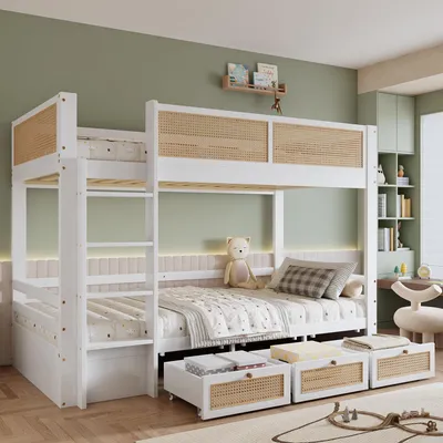 Productafbeelding van Sweiko etagesbed, kinderbed, met mooi gevlochten rieten omheining, drie lades met wielen, stevig lattenbodem, met veilige spijlen, gemaakt van grenen + MDF + multiplex, wit en naturel, 90x200 cm