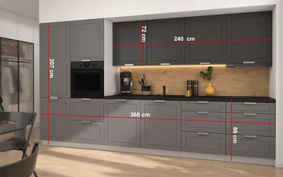 Produktbild von Küchenzeile KVANTUM mit Arbietsplatte 360cm weiß MDF dust grey grahpit matt Teilauszug