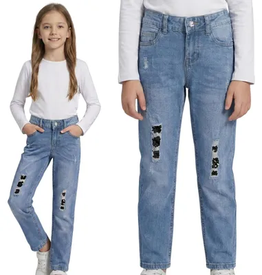 Produktbild von Mädchen Jeanshose mit Pailletten, bequeme Slim-Fit-Jeans aus Baumwolle 134
