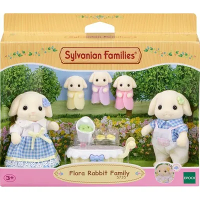 Produktbild von EPOCH, Flora Kaninchenfamilie, 5 mehrfarbige PVC-Figuren, Maße: 50x45x75 mm, bewegliche Arme, Beine, Kopf, ab 3 Jahren, inkl. Vater Nolan, Mutter Aria, Drillinge Thyme, Sage, Rosemary, mit austauschbaren Blumen an Ohren & Strauß, kompatibel mit Flora Rabbit Twins, Blossom Gardening, Sunny Castle Nursery Sets