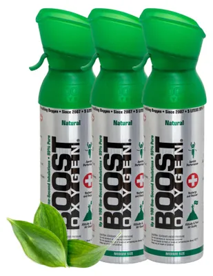Produktbild von Boost Oxygen Sauerstoffdose 3er Pack 5L mit 99,5% reinem Sauerstoff zur Atemunterstützung
