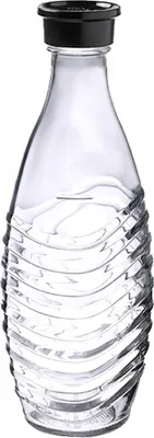 A clear glass bottle with a black cap.