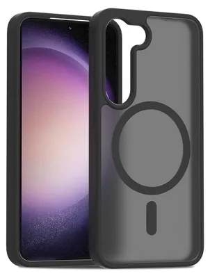 A black phone case with a translucent matte back is shown with a Samsung Galaxy S23 phone inside.