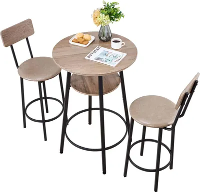 Productafbeelding van VEVOR Barset (3-delig) met 2 barkrukken en afgeronde randen, ronde bar/staande tafel (600 x 915 mm), bistrotafel/eettafel in lichtgrijs, zwart, geschikt voor kantoor, minibar, ontbijthoek