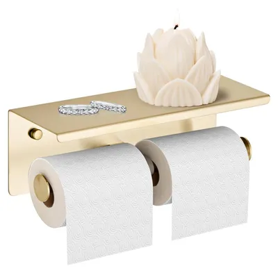 Produktbild von Doppelter Toilettenpapierhalter mit Ablage, gebürstetes Gold, Edelstahl SUS 304, doppelter Toilettenpapierhalter zur Wandmontage (gebürstetes Gold)