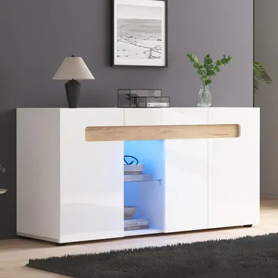 Obrázok produktu pre Komoda s vysokým leskom, biela, s LED osvetlením, 3 dvierka, rozmer 140x40x70 cm