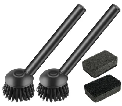 Immagine prodotto di Set di spazzole e spugne per la pulizia, colore nero, confezione da 4 pezzi, con manico in acciaio inossidabile. Spazzola per la cucina con setole resistenti