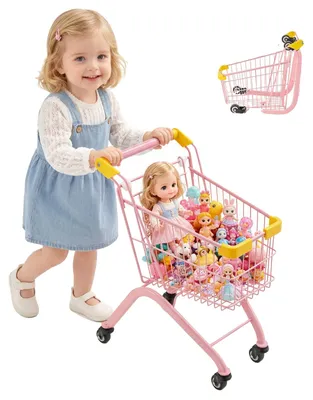 Image de Chariot de courses pour enfants VEVOR, chariot de supermarché jouet avec cadre en acier, 4 roues et panier en filet résistant, accessoire pliable pour magasin de jouets, capacité de charge de 30 kg, jeux de magasin pour enfants à partir de 3 ans